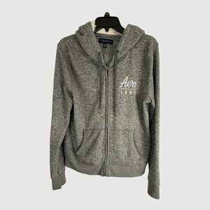 Aeropostale Womens Jacket Adult Size XL Gray Faux Fur Spell Out Pockets Hood